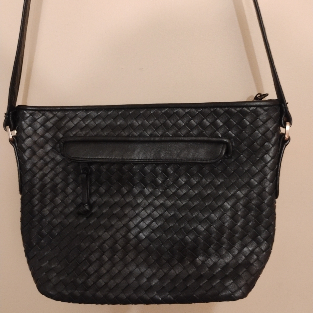 GANSON Black Geniune Woven Leather Crossbody Strap Shoulder Bag Clutch Purse